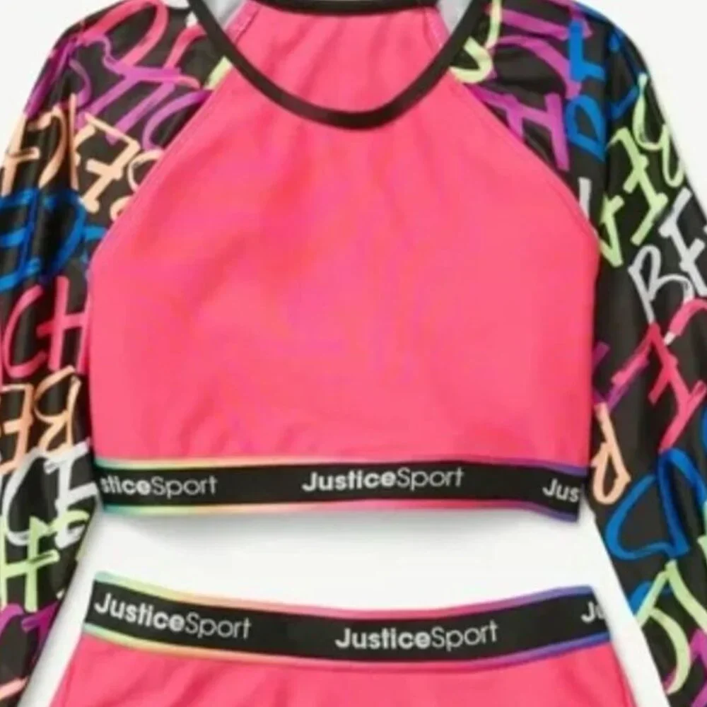 NWT Justice Sport Girls Pink Long Sleeve Rashguard Swimsuit Set L 12-14